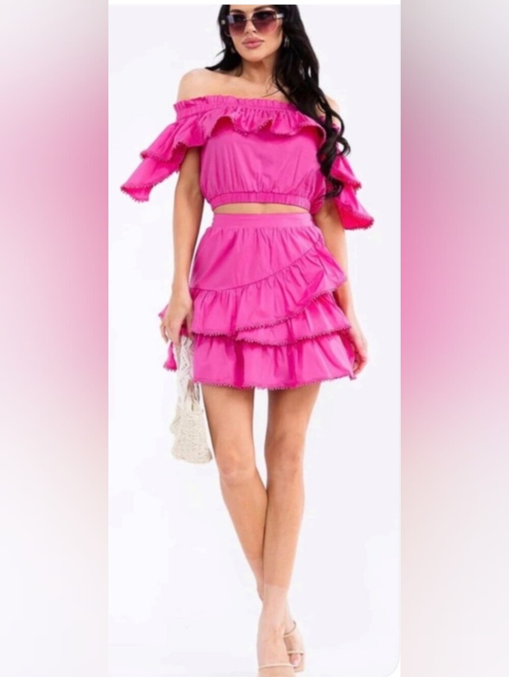 NWT!Strut & Bolt- Fuschia Poplin Ruffle 2 piece Mini Skirt set, Size Small